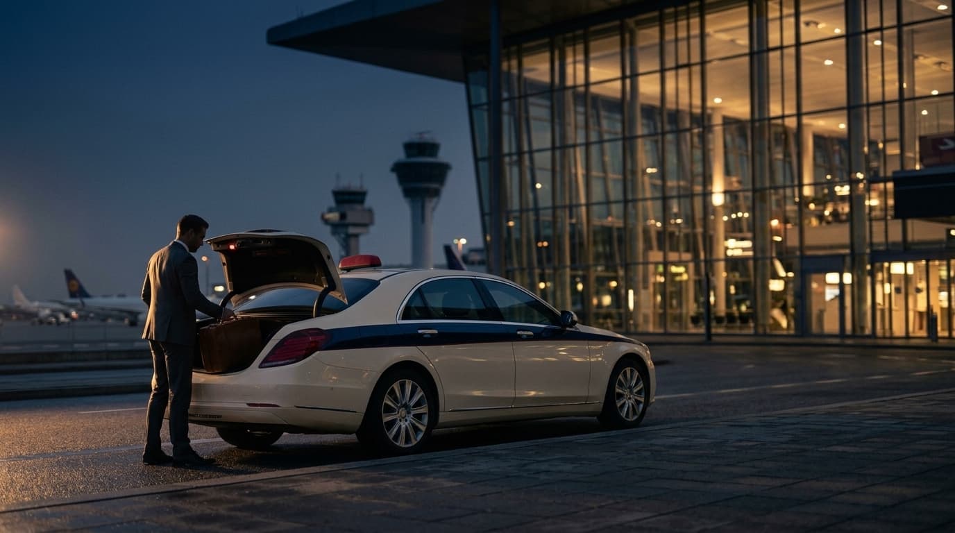 Fahrer verlädt Koffer am Flughafen-Terminal in der Abenddämmerung