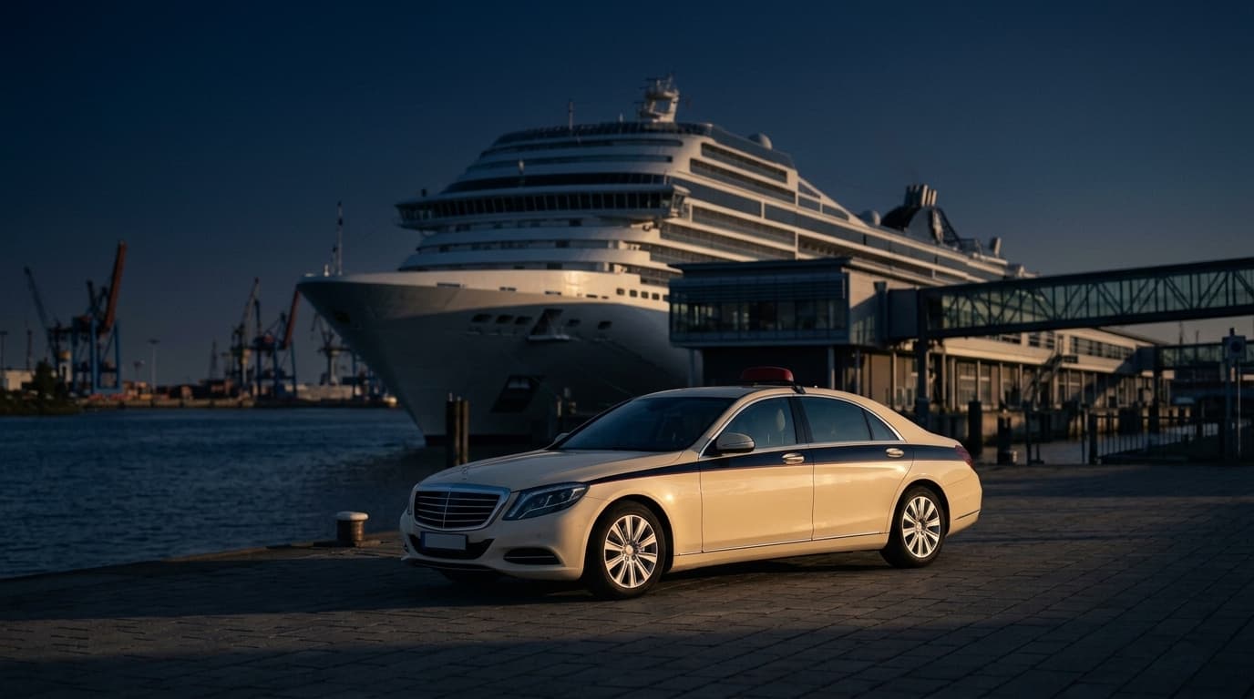 Hamburger Taxi vor einem Kreuzfahrtschiff am Cruise Center
