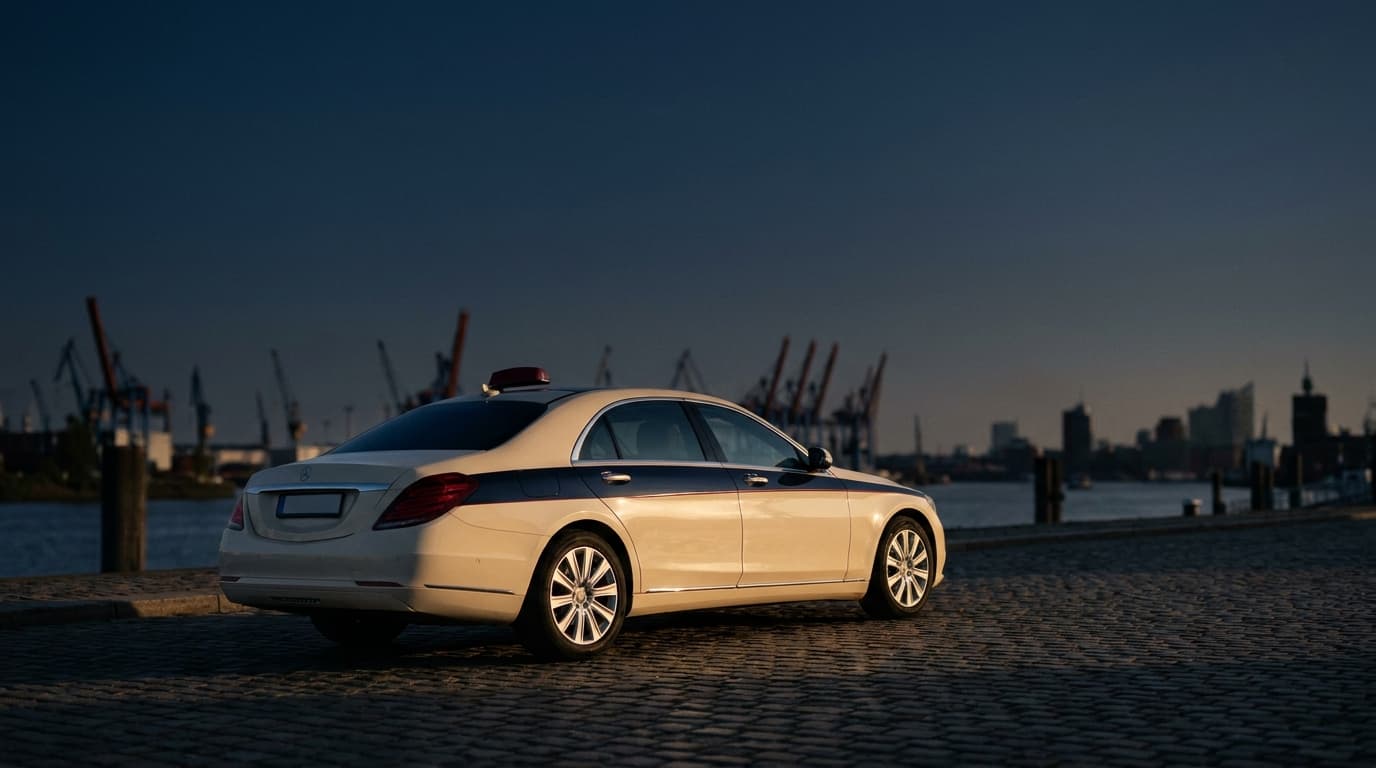 Hamburger Taxi am Hafen im Abendlicht