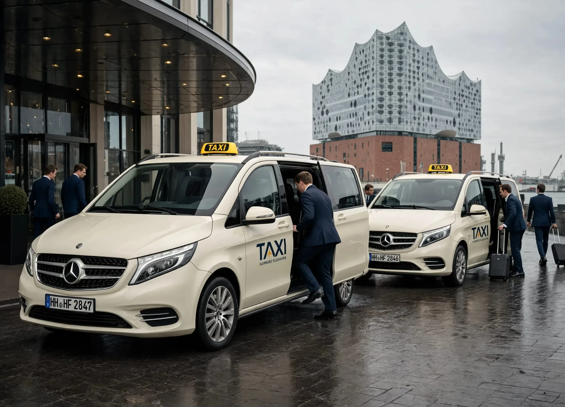 Two large taxi vans from Taxi Hamburg Flughafen outside a hotel by the Elbphilharmonie, passengers boarding with luggage