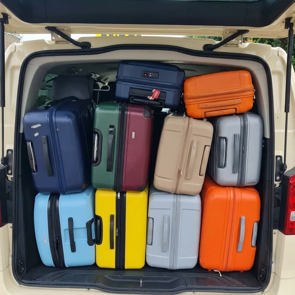 Open tailgate of a large taxi van, the boot packed to the roof with suitcases