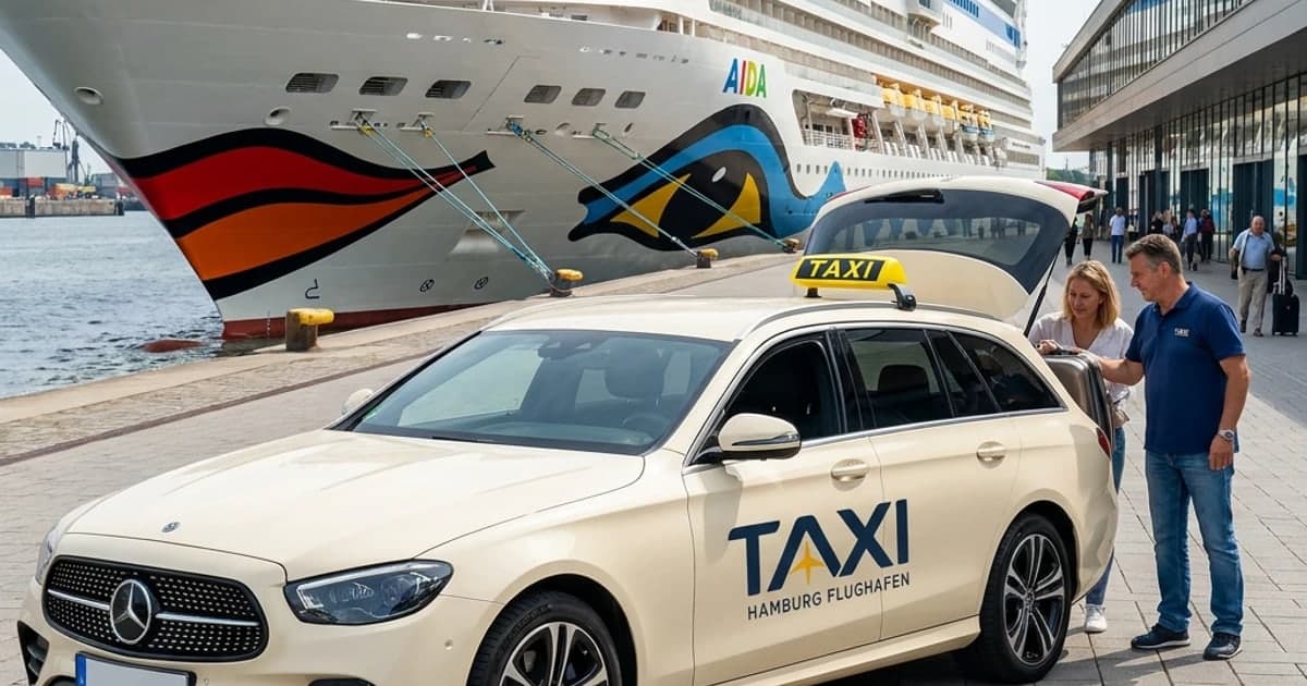 Taxi de Hamburg frente a un crucero en el Cruise Center
