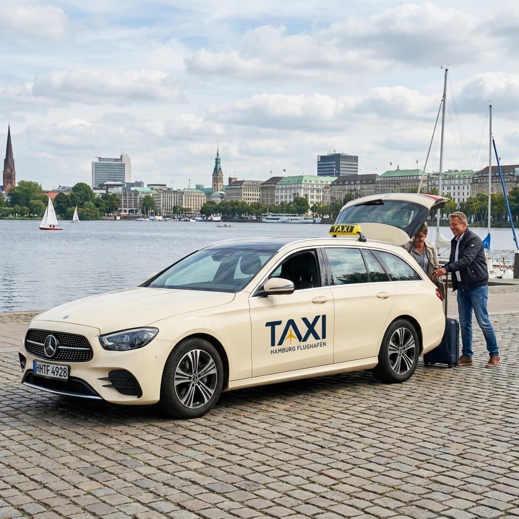 Taxi by the Alster with a view across the water to the city