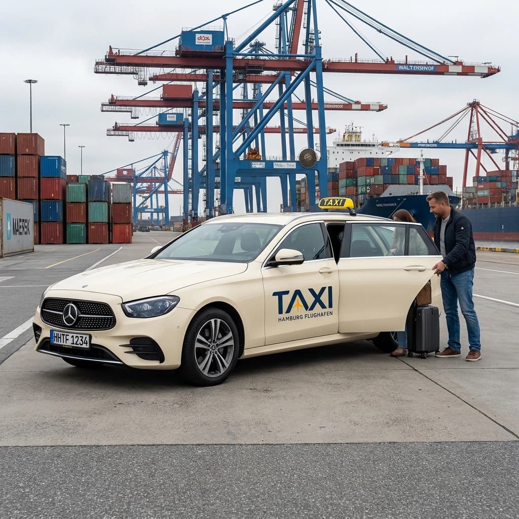 Taxi am Hamburger Hafen vor den Containerkränen