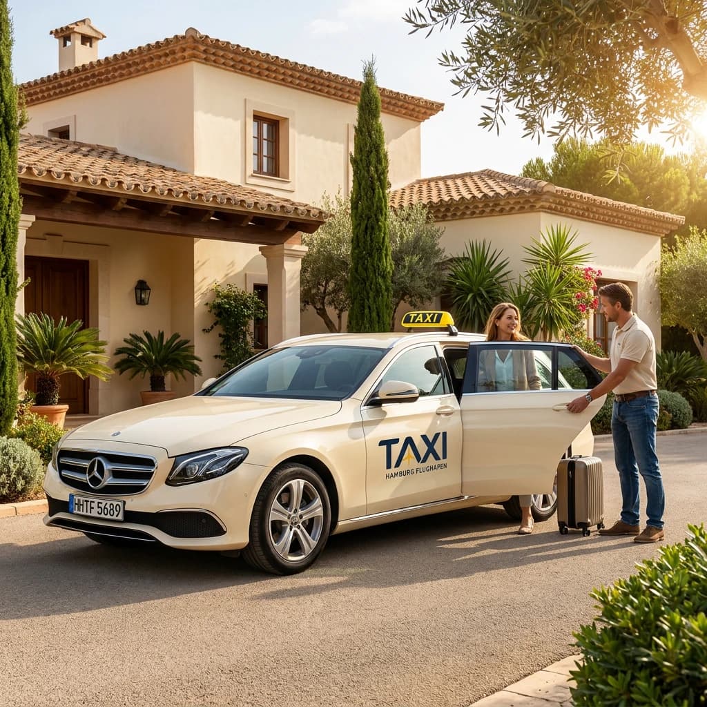 Taxi at the front door, the driver taking the suitcase