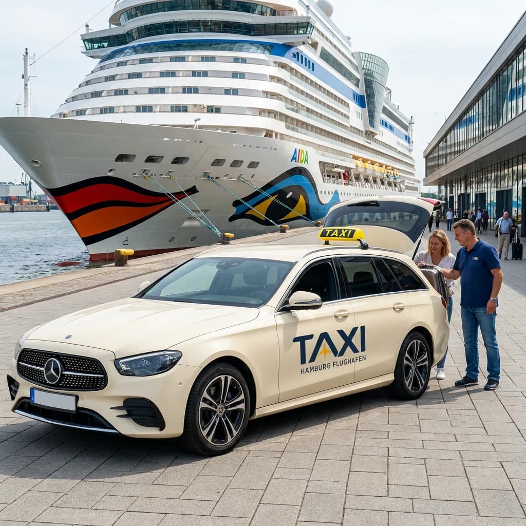 Taxi at the cruise terminal with a cruise ship in the background