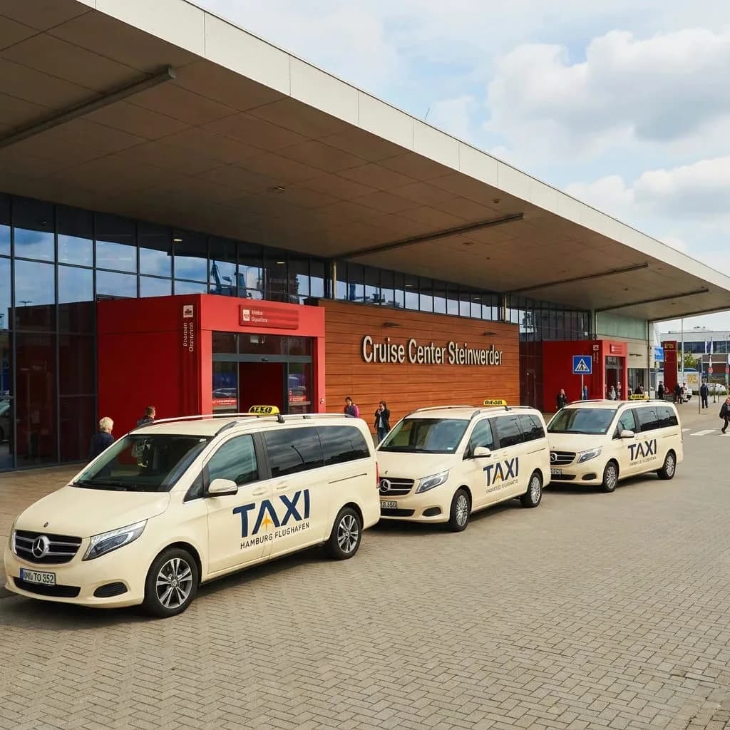 Taxi Hamburg Flughafen cabs outside Cruise Center Steinwerder — vans and saloons at the terminal