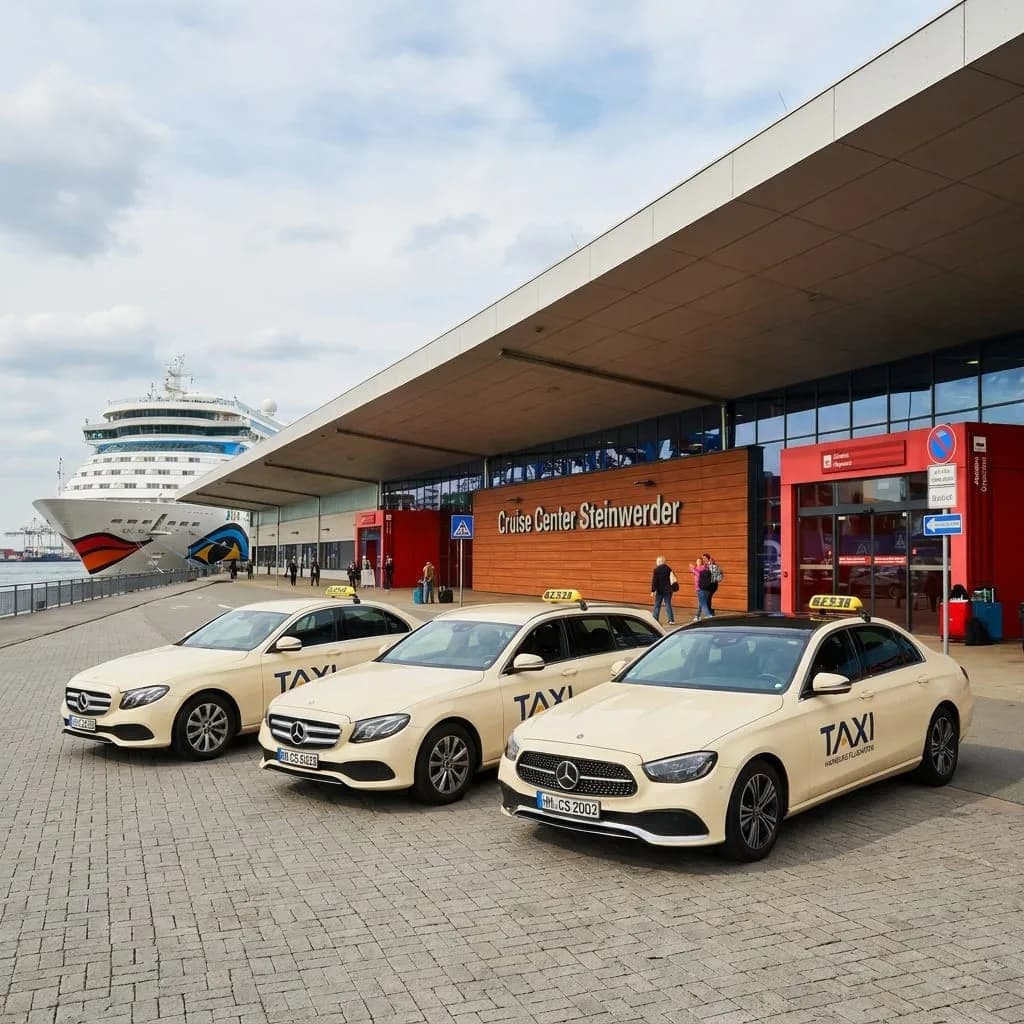 Taxi rank at Cruise Center Steinwerder with a cruise ship in the background