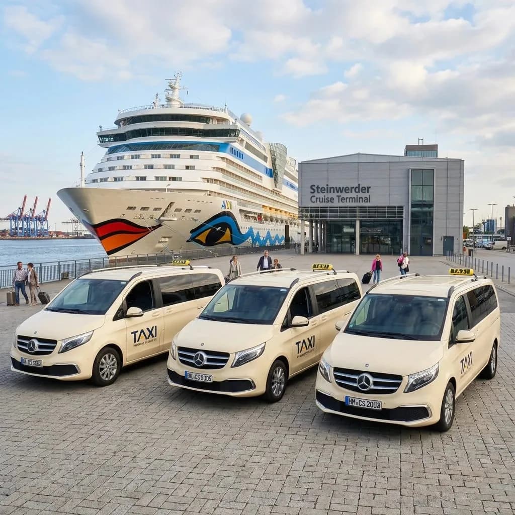 Three large taxi vans outside Steinwerder Cruise Terminal, cruise ship at the quay