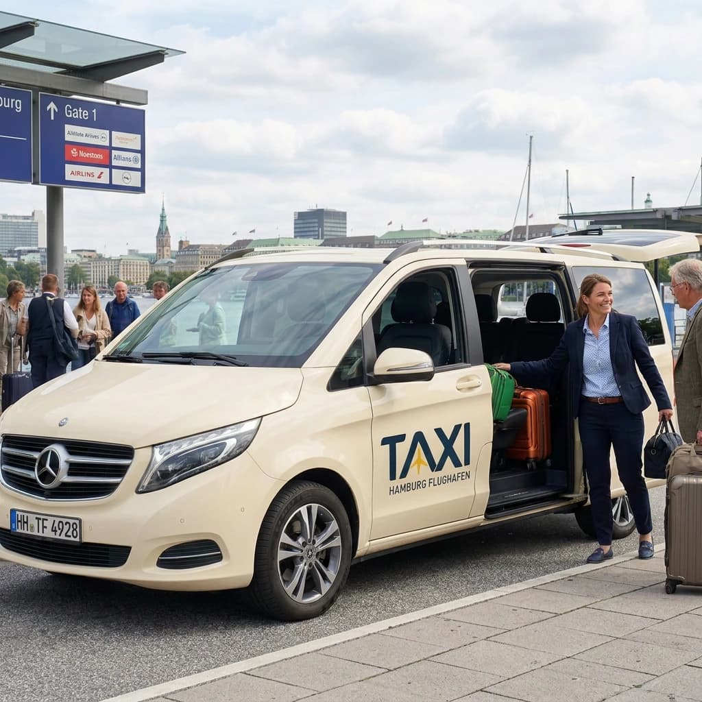 Taxi Hamburg Flughafen large van with its sliding door open, passengers boarding with their luggage