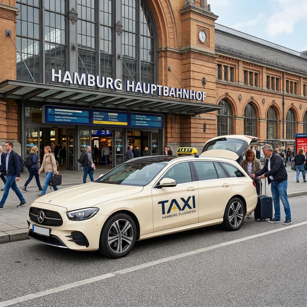 Taxi outside Hamburg Hauptbahnhof among travellers